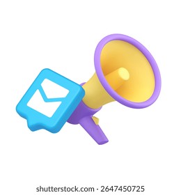 Bright loudspeaker and email icon representing communication, messaging, and digital promotion in business. Suitable for branding and media use. 3d icon realistic vector illustration
