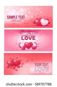 Bright love festive horizontal banners with beautiful colorful elegant hearts and place for text vector illustration