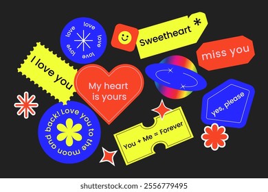 Bright love stickers: fun phrases, bold colors, and simple shapes in a modern style. Set of vector images.