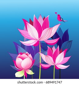 Bright lovely postcard with a love bird on lotuses