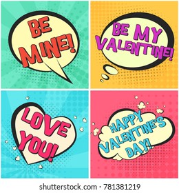 Bright lovely retro comic speech bubbles set with colorful Love you, Be my Valentine text. Black outline balloons on colorful dotted and striped background in pop art style for St. Valentines cards