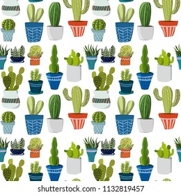 Bright lovely sophisticated mexican hawaii tropical floral herbal summer green seamless pattern of a cactus in colorful pots vector illustration. Perfect for textile, cards, menu, backgrounds