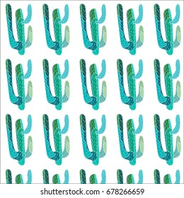 Bright lovely sophisticated mexican hawaii tropical floral herbal summer green seamless pattern of a cactus paint like child vector illustration