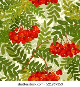 Bright lovely vector seamless background of red berries, rowan.