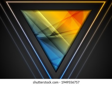 Bright low poly tech background with glowing neon triangles. Vector geometric design
