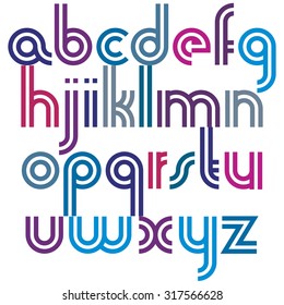 Bright lowercase letters from a to z, spherical double striped font.
