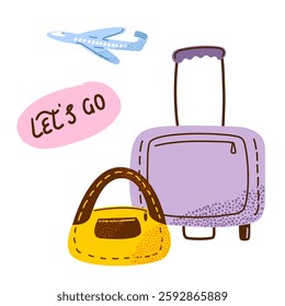 Bright luggage and plane taking off at the airport. Let's go lettering. Travel, vacation, voyage concept. Vector illustration