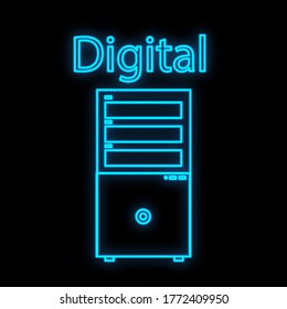 A bright luminous blue digital neon sign for a store or workshop service center is beautiful shiny with a modern stationary personal computer on a black background. Vector illustration.