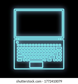 Luminoso signo de neón digital azul luminoso para una tienda o centro de servicio de taller hermoso brillante con un portátil compacto moderno en un fondo negro. Ilustración vectorial.