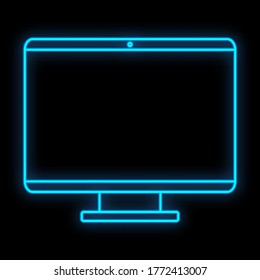 Bright luminous blue digital neon sign for shop or workshop service center beautiful shiny with a modern flat-panel LCD computer monitor on a black background. Vector illustration.