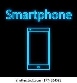 Bright luminous blue digital neon sign for marazin or workshop service center is beautiful shiny with a modern mobile phone smartphone on a black background. Vector illustration.