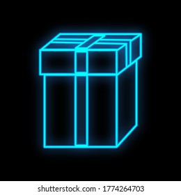 Helles, helles, blaues festliches, digitales Neonzeichen für einen Laden oder eine Karte schön glänzend mit einer Liebesgeschenkbox auf schwarzem Hintergrund. Vektorgrafik.