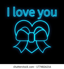 Luminoso signo de neón digital luminoso azul festivo para una tienda o tarjeta hermosa brillante con un corazón de amor con un arco y la inscripción te amo en un fondo negro. Ilustración vectorial.