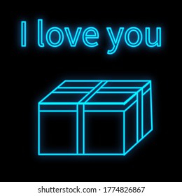 Bright luminous blue festive digital neon sign for a store or card beautiful shiny with a love gift box on a black background and the inscription I love you. Vector illustration.