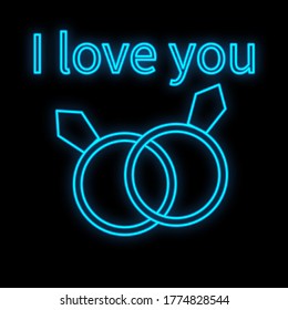 Bright luminous blue festive digital neon sign for a store or card beautiful shiny with love engagement jewelry rings with the inscription I love you on a black background. Vector illustration.