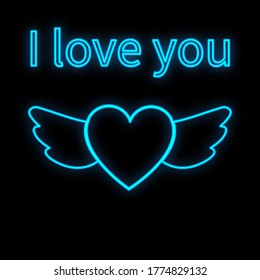 Bright luminous blue festive digital neon sign for a store or card beautiful shiny with love wings with a heart on a black background with the inscription I love you. Vector illustration.