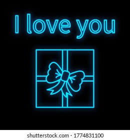 Bright luminous blue festive digital neon sign for a store or card beautiful shiny with a love gift box on a black background and the inscription I love you. Vector illustration.