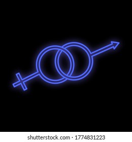 Luminoso signo digital de neón azul luminoso para una tienda o tarjeta hermosa brillante con símbolos de amor de hombre y mujer sobre un fondo negro. Ilustración vectorial.
