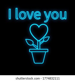 Bright luminous blue festive digital neon sign for a store or card beautiful shiny with a love flower with a heart in a pot and the inscription I love you on a black background. Vector illustration.