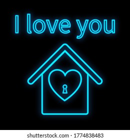 Luminoso signo de neón digital luminoso azul festivo para una tienda o tarjeta hermosa brillante con una casa de amor con un corazón en un fondo negro y la inscripción que te amo. Ilustración vectorial.