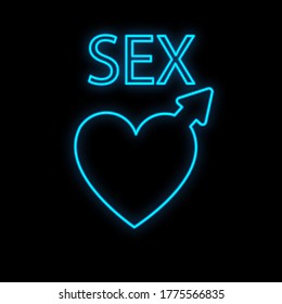 Bright luminous blue festive digital neon sign for a store or card beautiful shiny with love hearts in the form of a male symbol and the inscription sex on a black background. Vector illustration.