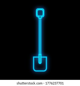 Bright luminous blue industrial digital neon sign for shop workshop service center beautiful shiny with a shovel for repair on a black background. Vector illustration.