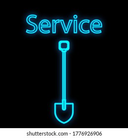 Bright luminous blue industrial digital neon sign for shop workshop service center beautiful shiny with a shovel for repair on a black background and the inscription service. Vector illustration.