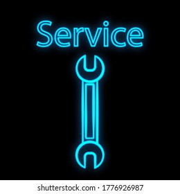 Bright luminous blue industrial digital neon sign for shop workshop service center beautiful shiny with a wrench for repair on a black background and the inscription service. Vector illustration.