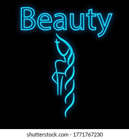 Bright luminous blue neon sign for a beauty salon beautiful shiny beauty spa with a female face and hair on a black background. Vector illustration.