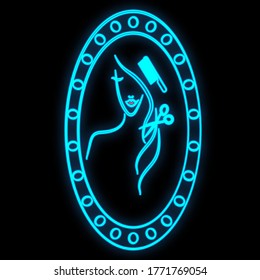 Bright luminous blue neon sign for a hairdresser in a beauty salon beautiful shiny beauty spa with a woman in front of a mirror on a black background. Vector illustration.