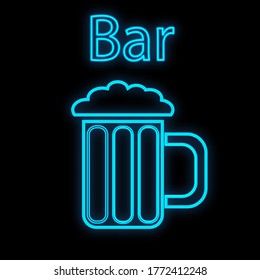 Bright luminous blue neon sign for cafe bar restaurant beautiful shiny with a beer mug on a black background. Vector illustration.