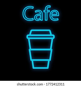 Bright luminous blue neon sign for cafe bar restaurant pub beautiful shiny with a mug of coffee on a black background. Vector illustration.