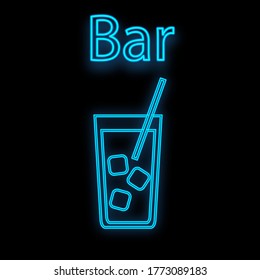 Bright luminous blue neon sign for a cafe bar restaurant pub beautiful shiny with an alcoholic cocktail with a straw in a glass on a black background. Vector illustration.