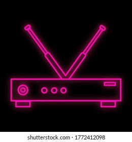 A bright luminous purple digital neon sign for a store or workshop service center is beautiful shiny with a modern wireless Wi-Fi router modem on a black background. Vector illustration.