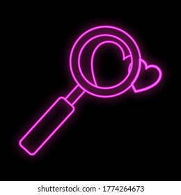 Bright luminous purple festive digital digital neon sign for a store or card beautiful shiny with a love heart and a magnifier on a black background. Vector illustration.