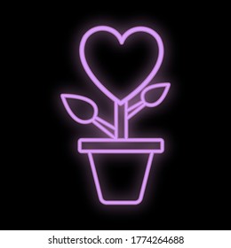 Bright luminous purple festive digital neon sign for a store or card beautiful shiny with a love flower with a heart in a pot on a black background. Vector illustration.