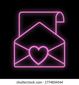 Bright luminous purple festive digital digital neon sign for a store or greeting card beautiful shiny with love letters with hearts on a black background. Vector illustration.