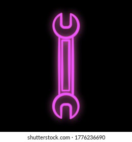 Bright luminous purple industrial digital neon sign for shop workshop service center beautiful shiny with a wrench for repair on a black background. Vector illustration.
