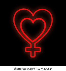 Bright luminous red festive digital neon sign for a store or card beautiful shiny with love hearts in the form of a female symbol on a black background. Vector illustration.