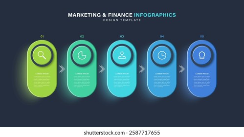 Bright luminous round blocks for text or infographics. 5 steps, options or parts