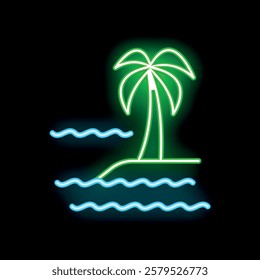 Bright luminous sign symbolizing a tropical island with a palm tree and waves