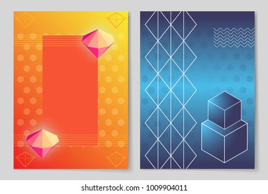 Bright luminous sparkly diamonds, simple geometric shapes and patterns vector illustrations on glossy backgrounds. Abstract futuristic posters set.
