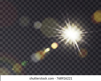 Bright luminous sun with light effect, sunshine with lens flare, realistic vector illustration on transparent background. Solar white flash with golden rays, design element