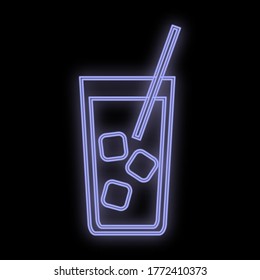 Bright luminous violet neon sign for cafe bar restaurant pub beautiful shiny with an alcoholic cocktail with a straw in a glass on a black background. Vector illustration.