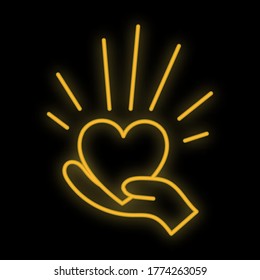 Luminoso signo de neón digital luminoso amarillo festivo para tienda o tarjeta de saludo hermosa brillante con manos amorosas con el corazón sobre un fondo negro. Ilustración vectorial.