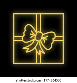 Bright luminous yellow festive digital neon sign for a store or card beautiful shiny with a love gift box on a black background. Vector illustration.