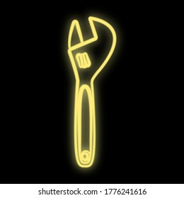 Bright luminous yellow industrial digital neon sign for shop workshop service center beautiful shiny with a wrench for repair on a black background. Vector illustration.