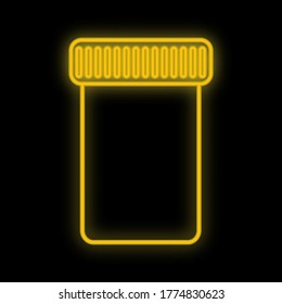 Bright luminous yellow medical digital neon sign for a pharmacy or hospital store beautiful shiny with jars for pills on a black background. Vector illustration.