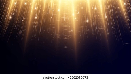 Bright luxurious background with vertical glow of golden highlights of shimmering lines. Realistic background with 2D effect. Neon glow of bright rays.	