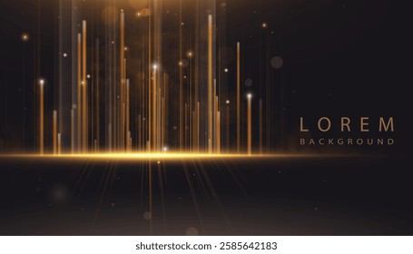 Bright luxurious background with vertical glow of golden highlights of shimmering lines. Realistic background with 2D effect. City night glow of bright rays.
